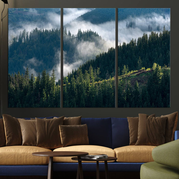Moody canvas of misty pine forests over layered hills, perfect for cool-toned nature-inspired or woodland-style home decor.