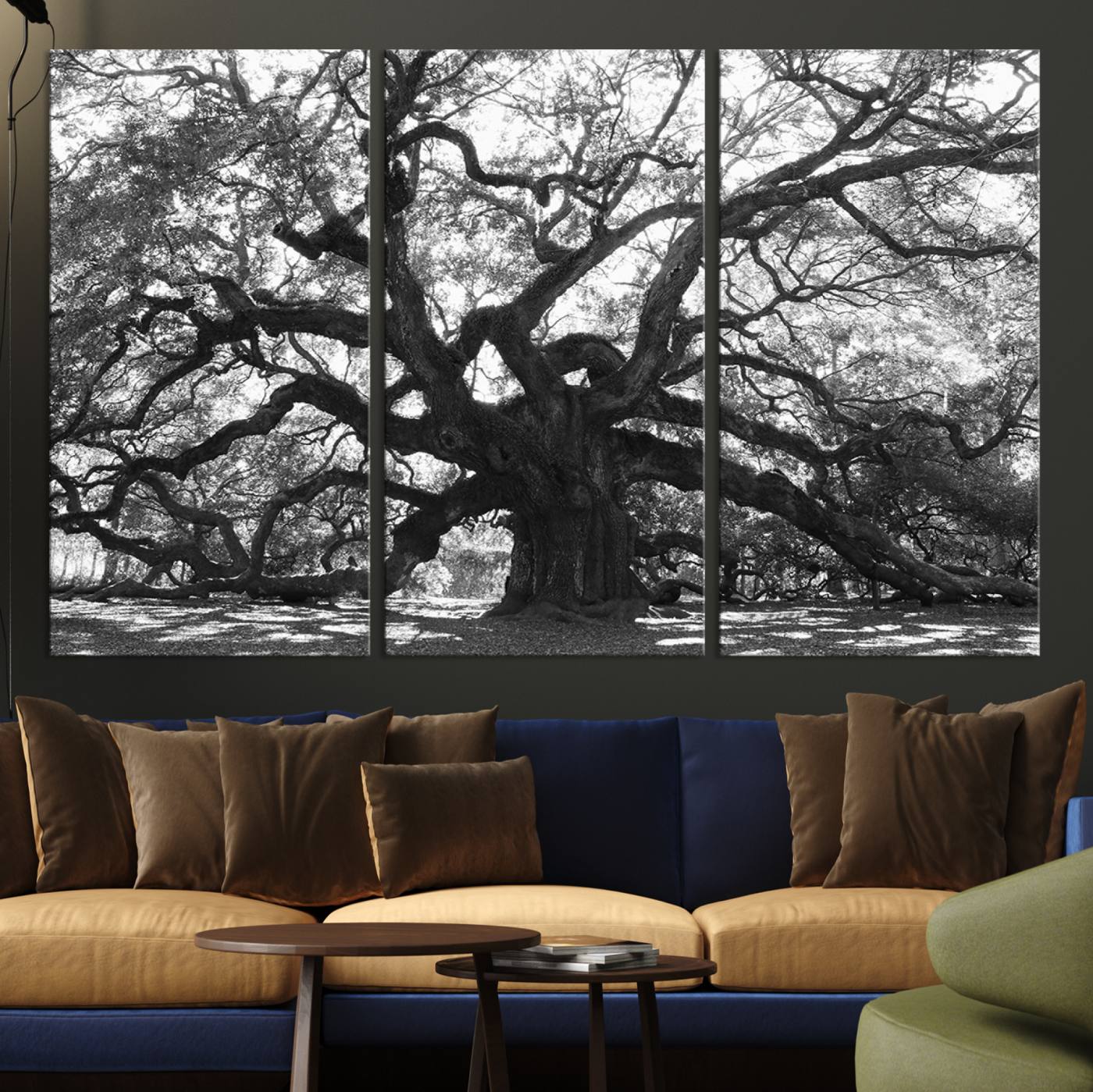 Black and white canvas of an ancient oak tree with sprawling, twisted branches, ideal for moody nature-inspired or rustic decor.