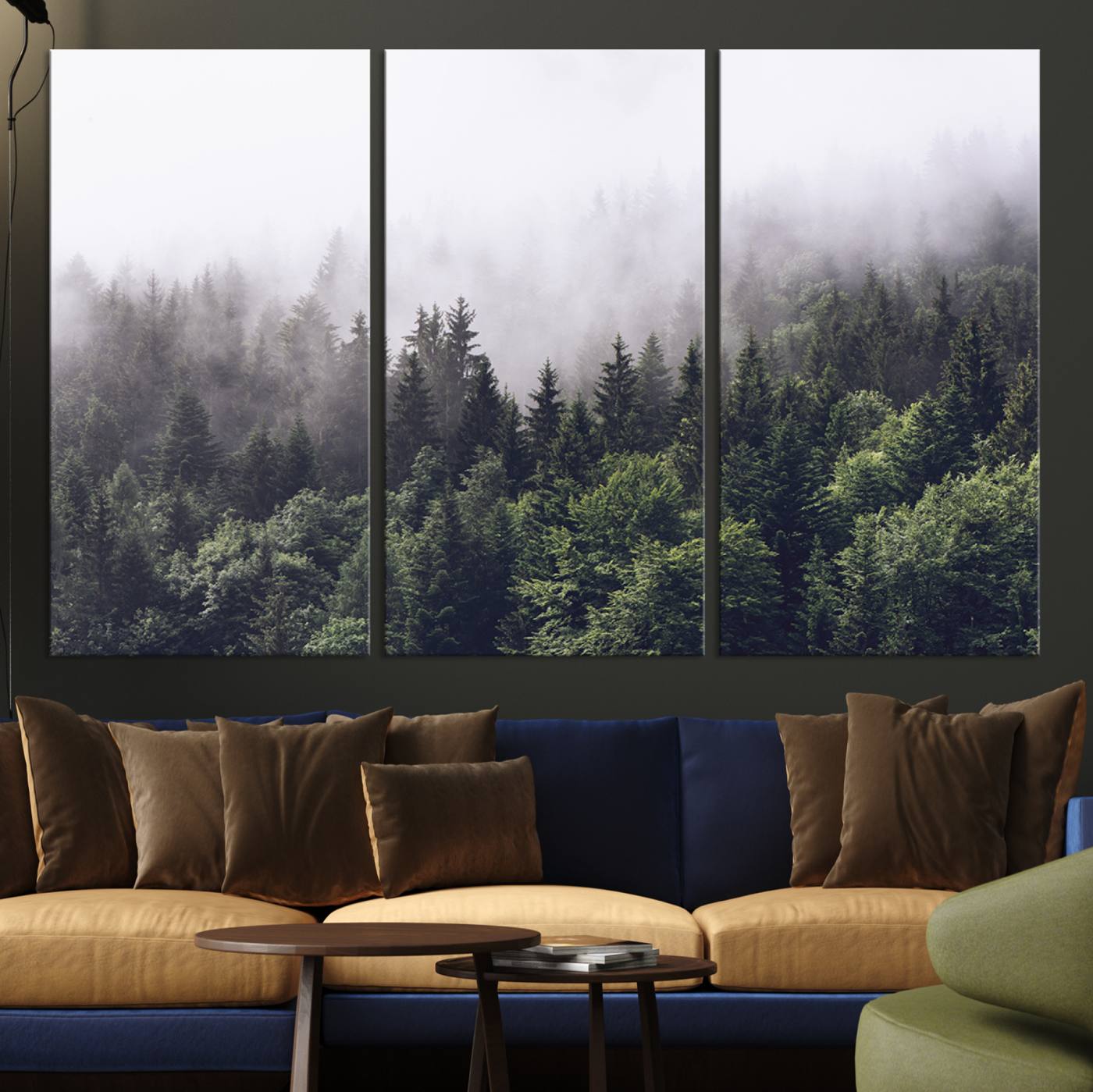 Canvas of dense misty forest in dark green tones, ideal for moody forest or atmospheric woodland-themed home decor.