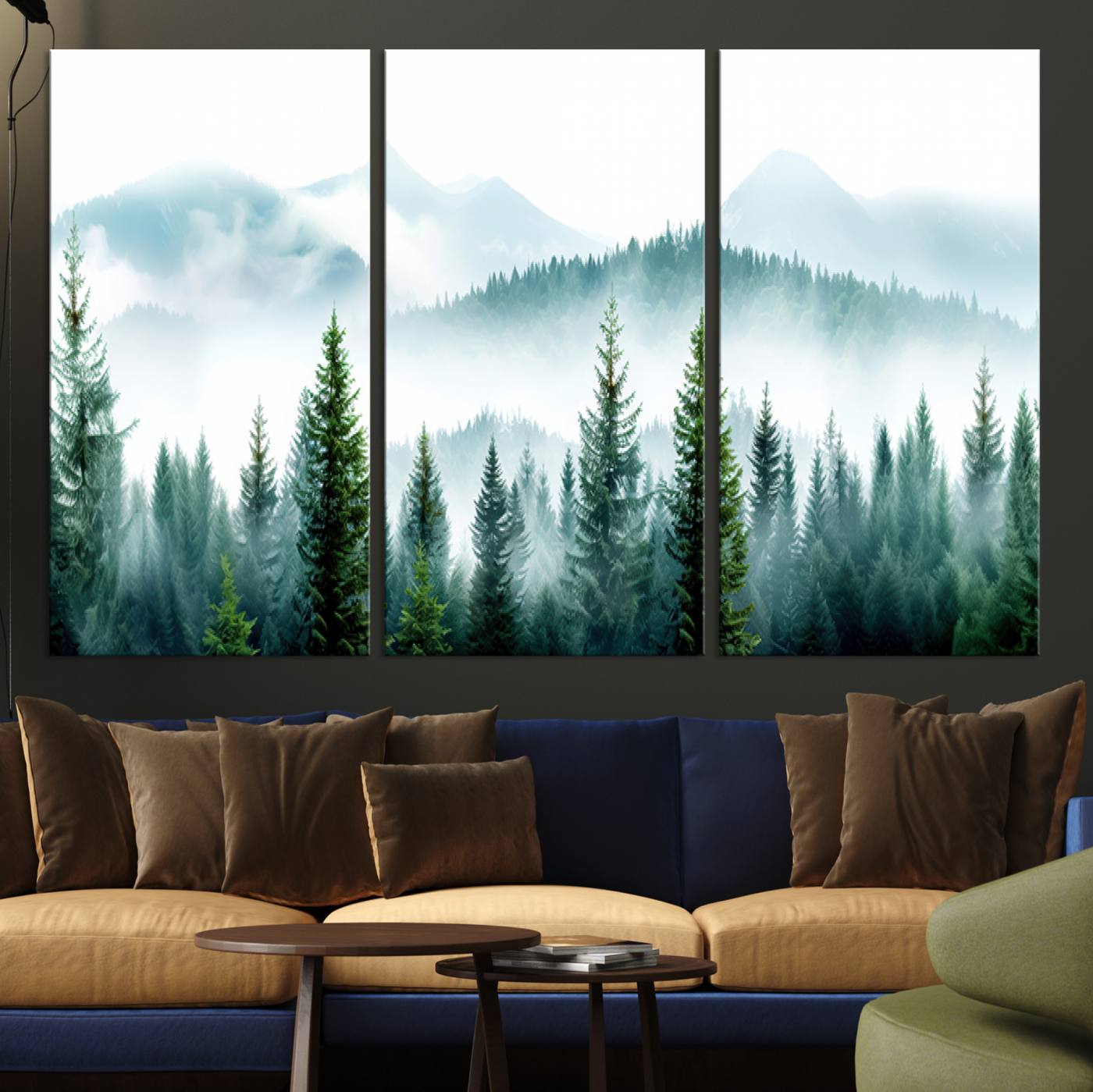 16716676-MGV-CV-36X24-Pine Forest Wall Art Canvas Print – Misty Mountains Foggy Trees Serene Woodland Landscape Artwork for Home Office