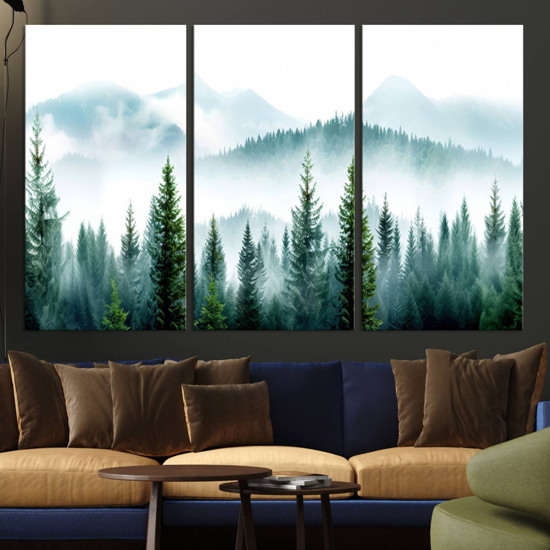 16716676-MGV-CV-36X24-Pine Forest Wall Art Canvas Print, Framed Misty Mountains Art Picture Print, Foggy Trees Perfect Moody Forest Decor Artwork