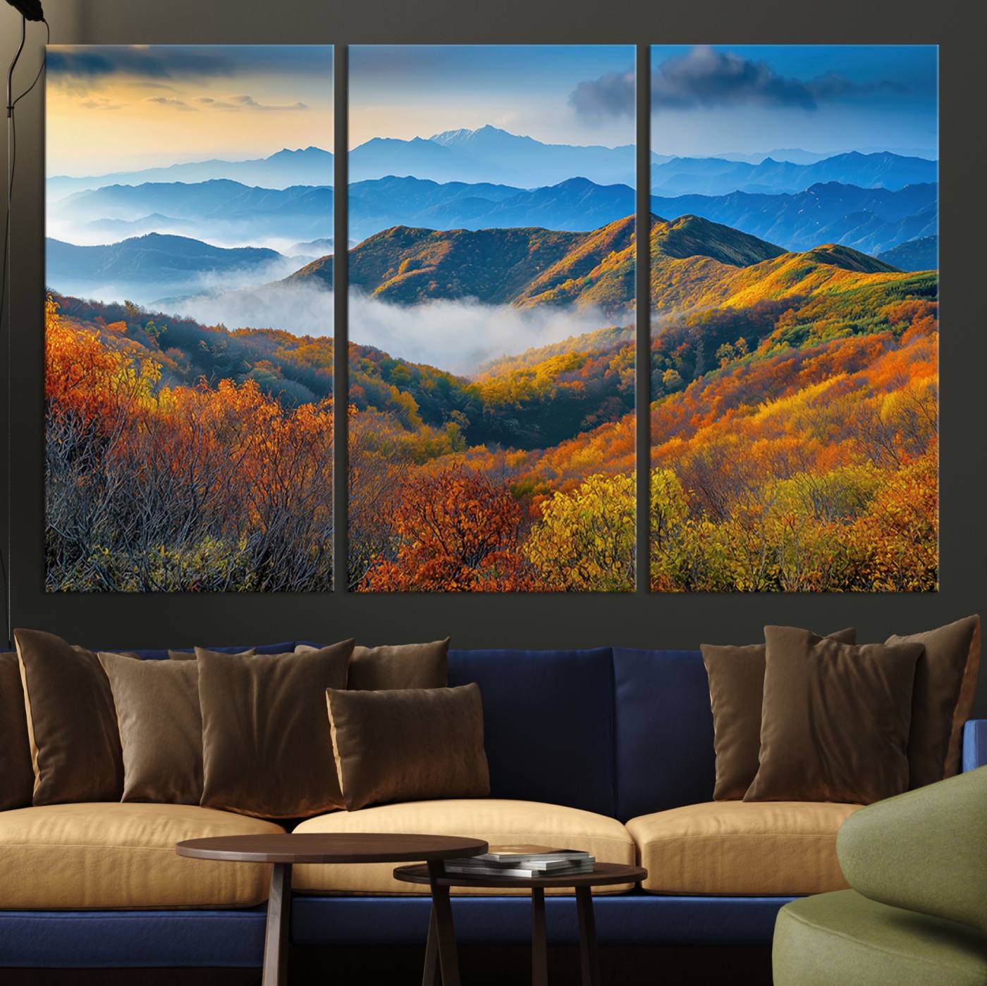 Vibrant canvas of autumn mountains with colorful trees, layered blue ridges, and soft morning fog, ideal for bright nature-themed decor.