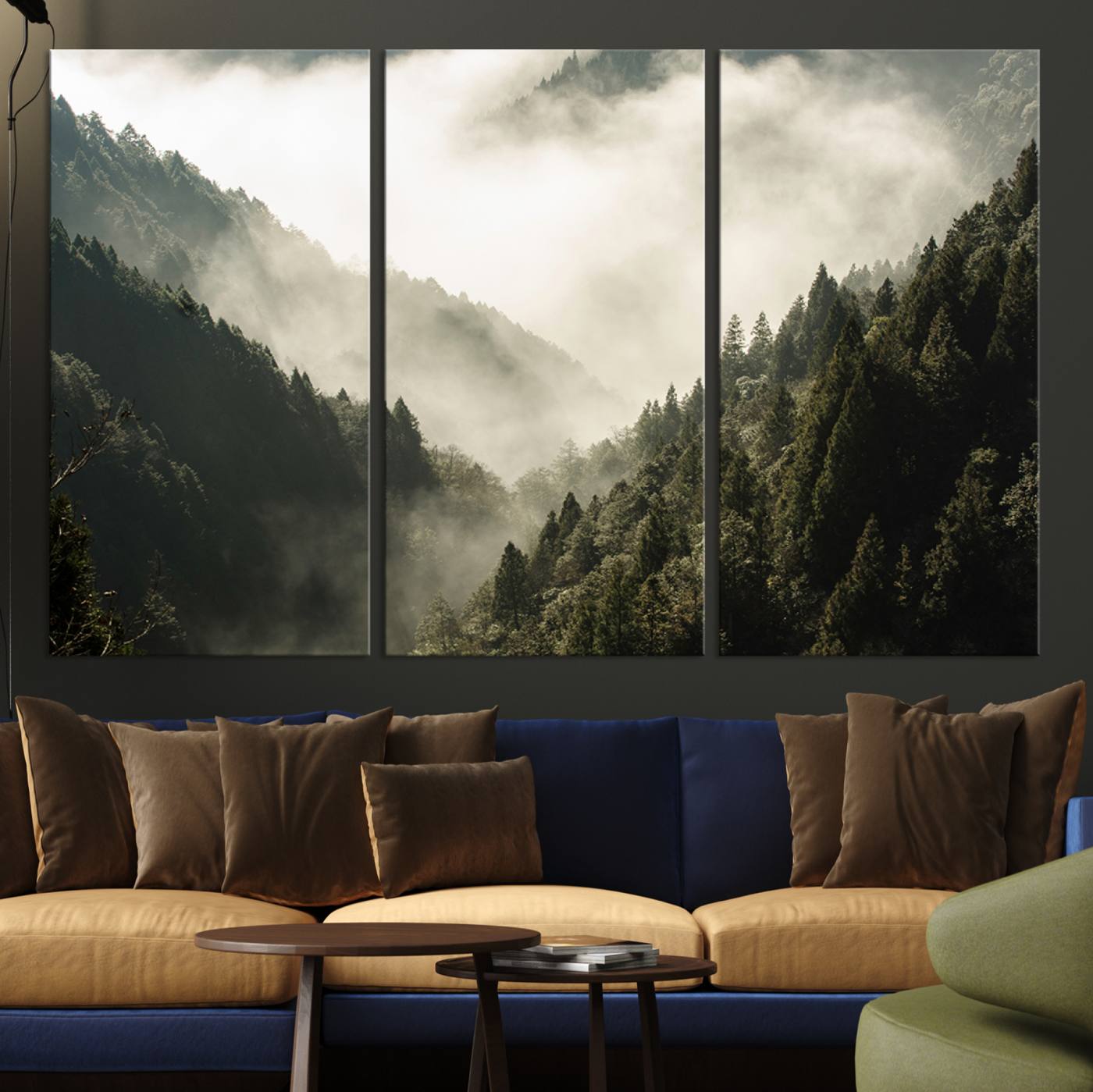 Canvas showing a misty pine forest valley with layered green hills and soft fog, perfect for moody or nature-themed decor styles.