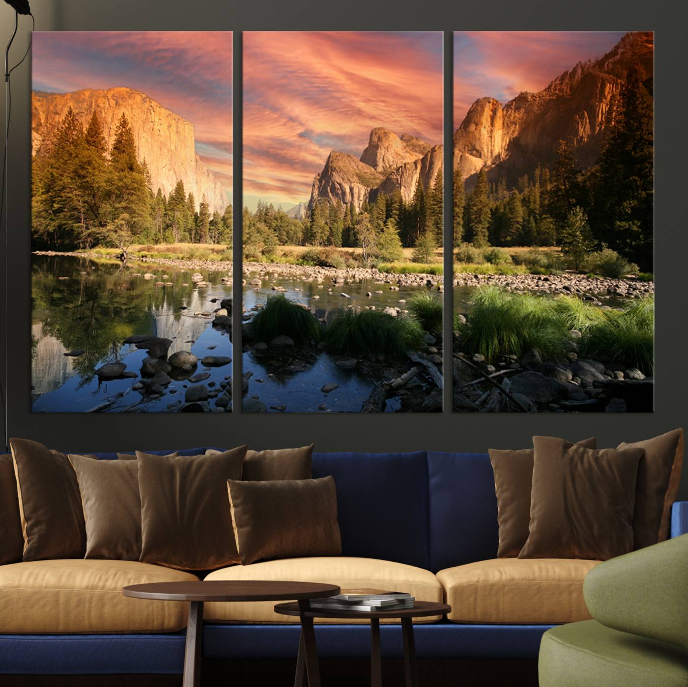 Canvas of Yosemite Valley with El Capitan and sunset sky, featuring vibrant tones ideal for rustic or nature-inspired home decor.
