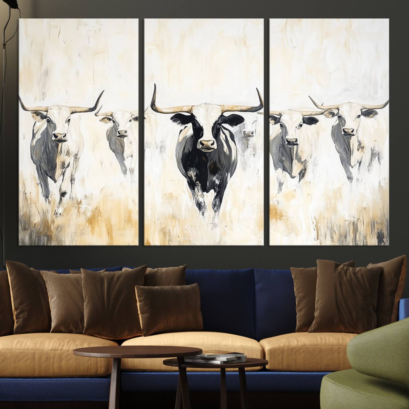 40397799-MGV-CV-36X24-Texas Longhorn Wall Art Canvas Print – Rustic Western Bull Herd Neutral Tones Country Ranch Artwork for Home Office
