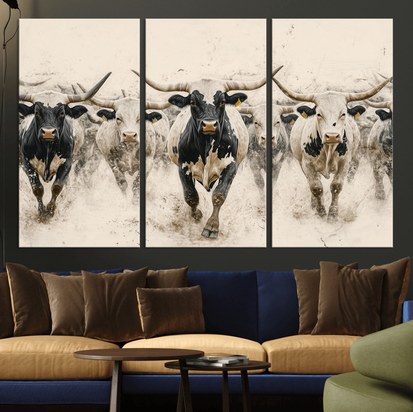 61538944-MGV-CV-36X24-Texas Longhorn Wall Art – Framed Cattle Walking Canvas Artwork, Black White Bull Design, Western Ranch Decor for Home, Office