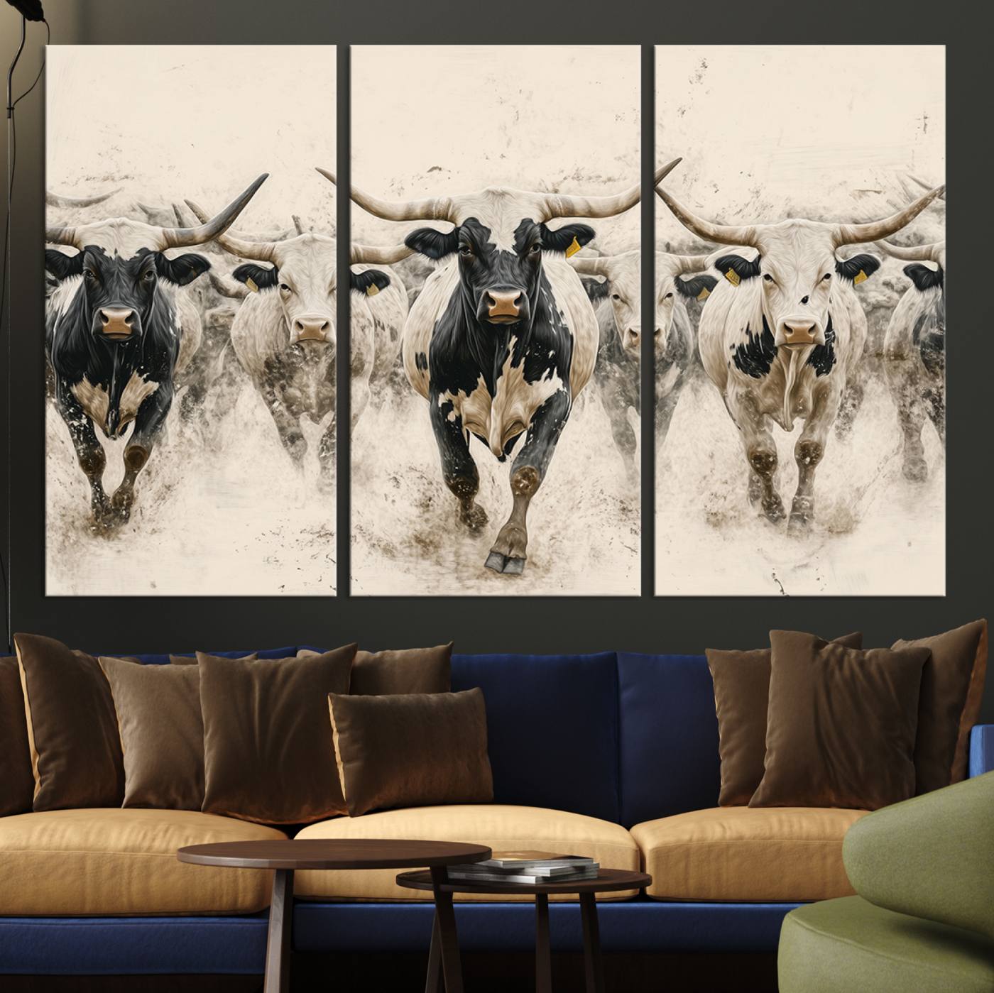 Canvas artwork of Texas Longhorn bulls walking in a dusty herd, ideal for rustic Western or country-style interior decor.