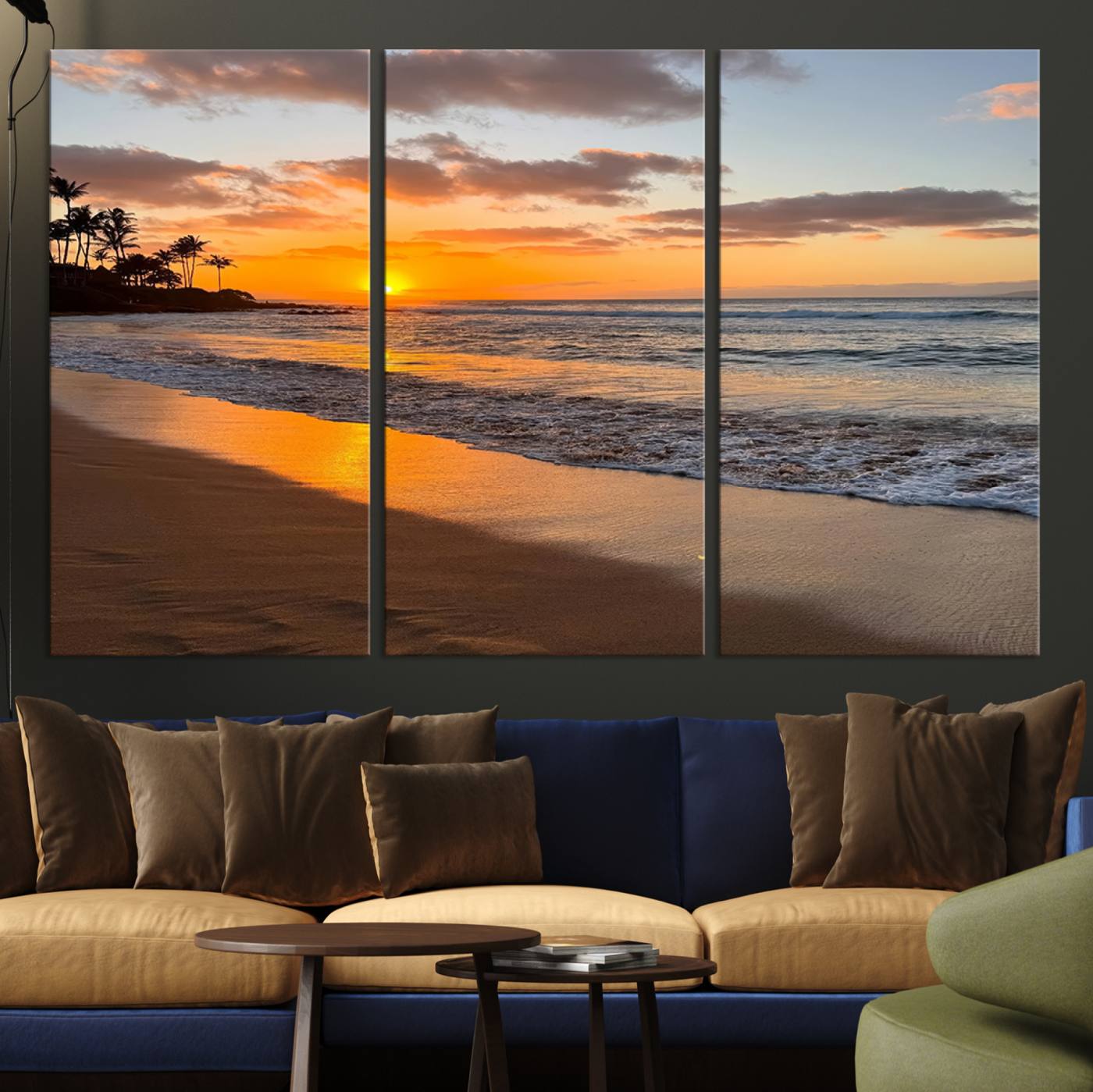 Canvas of a tropical beach at sunset with golden reflections and palm trees, perfect for vibrant coastal or island-style decor.