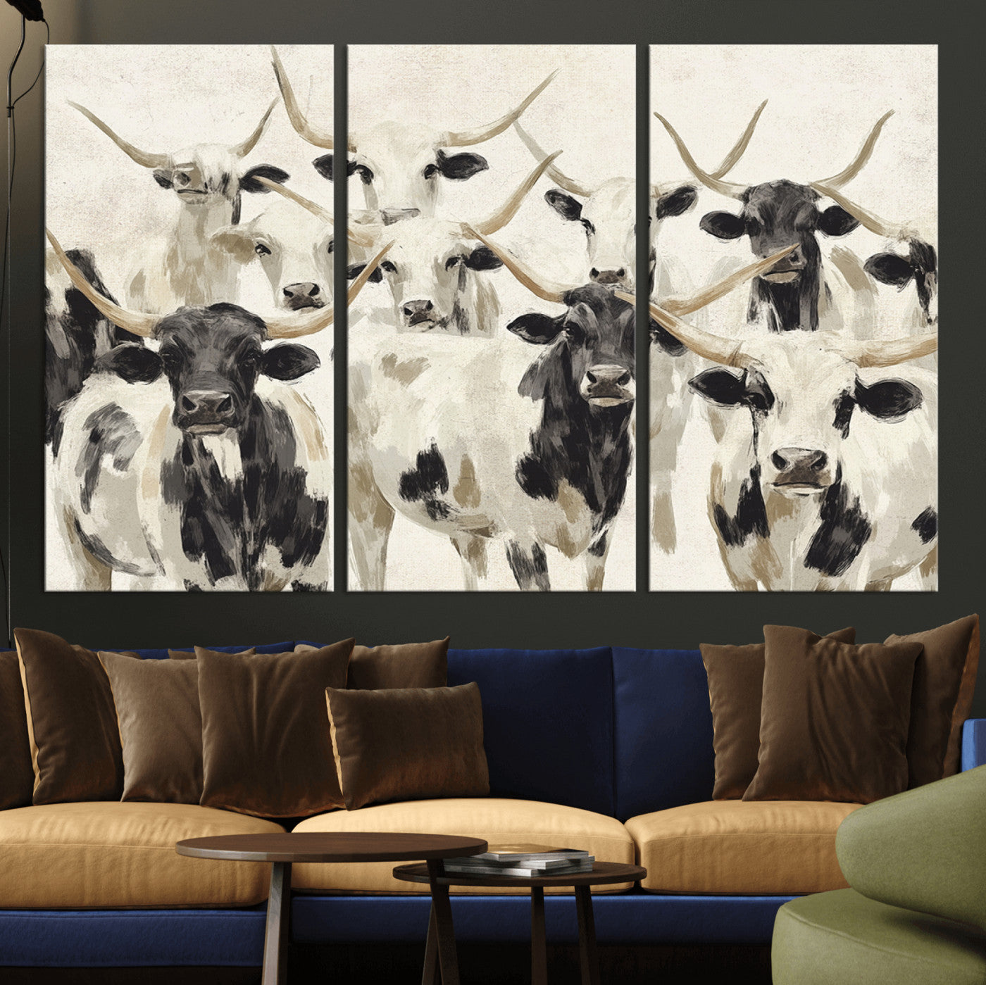 MGV-CV-48X32-3P - Longhorn Texas Cow Drawing Abstract Wall Art Canvas Print for Farmhouse Decor, Texas Bull Printing