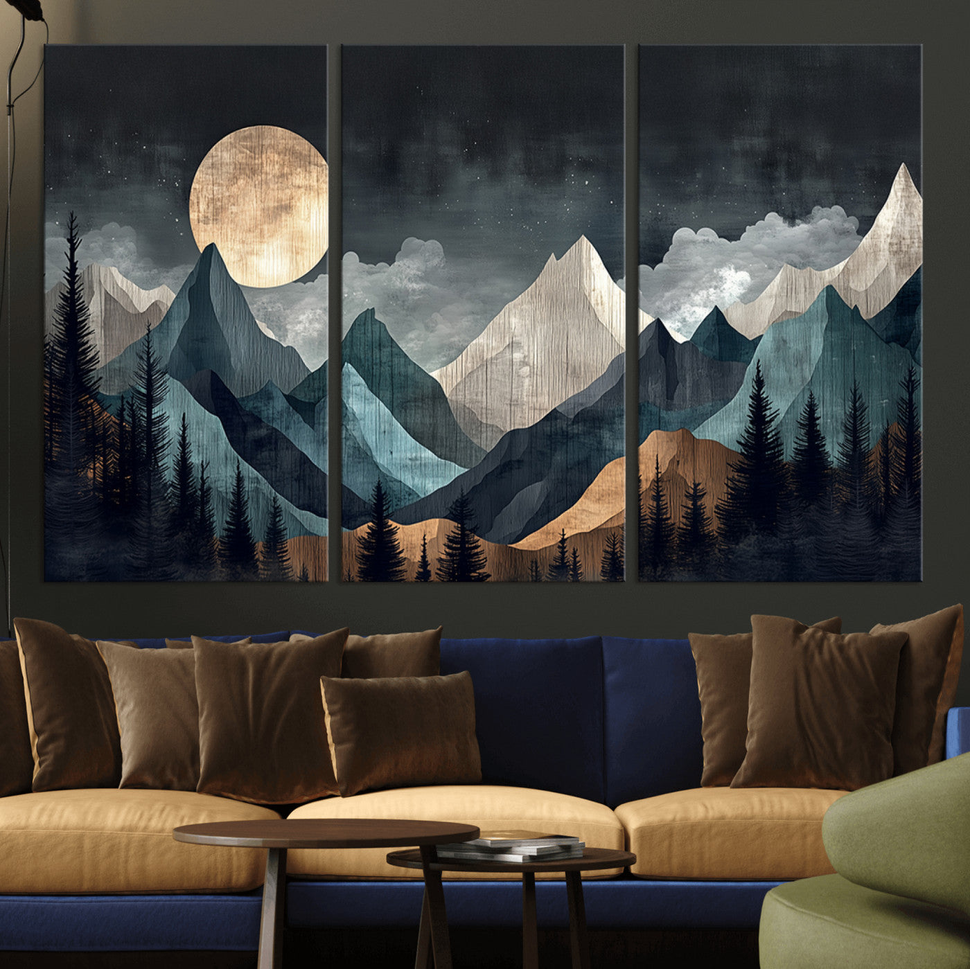 11060882-MGV-CV-36X24-Moonlit Mountain Wall Art Canvas Print – Silhouetted Pines Layered Peaks Tranquil Sky Mist Silver Light Nature Artwork for Home