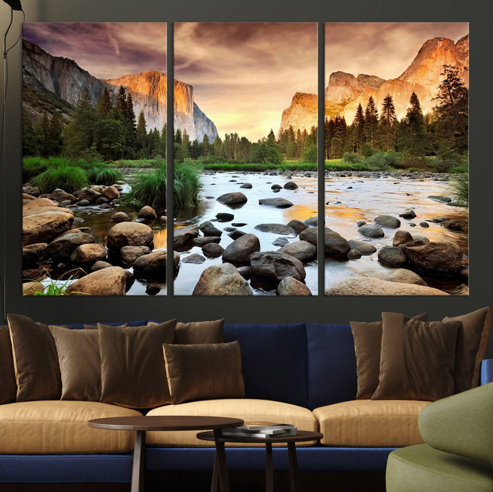 A tranquil riverside sunset mirrors the beauty of a Yosemite wall art masterpiece like the Large El Capitan Print.