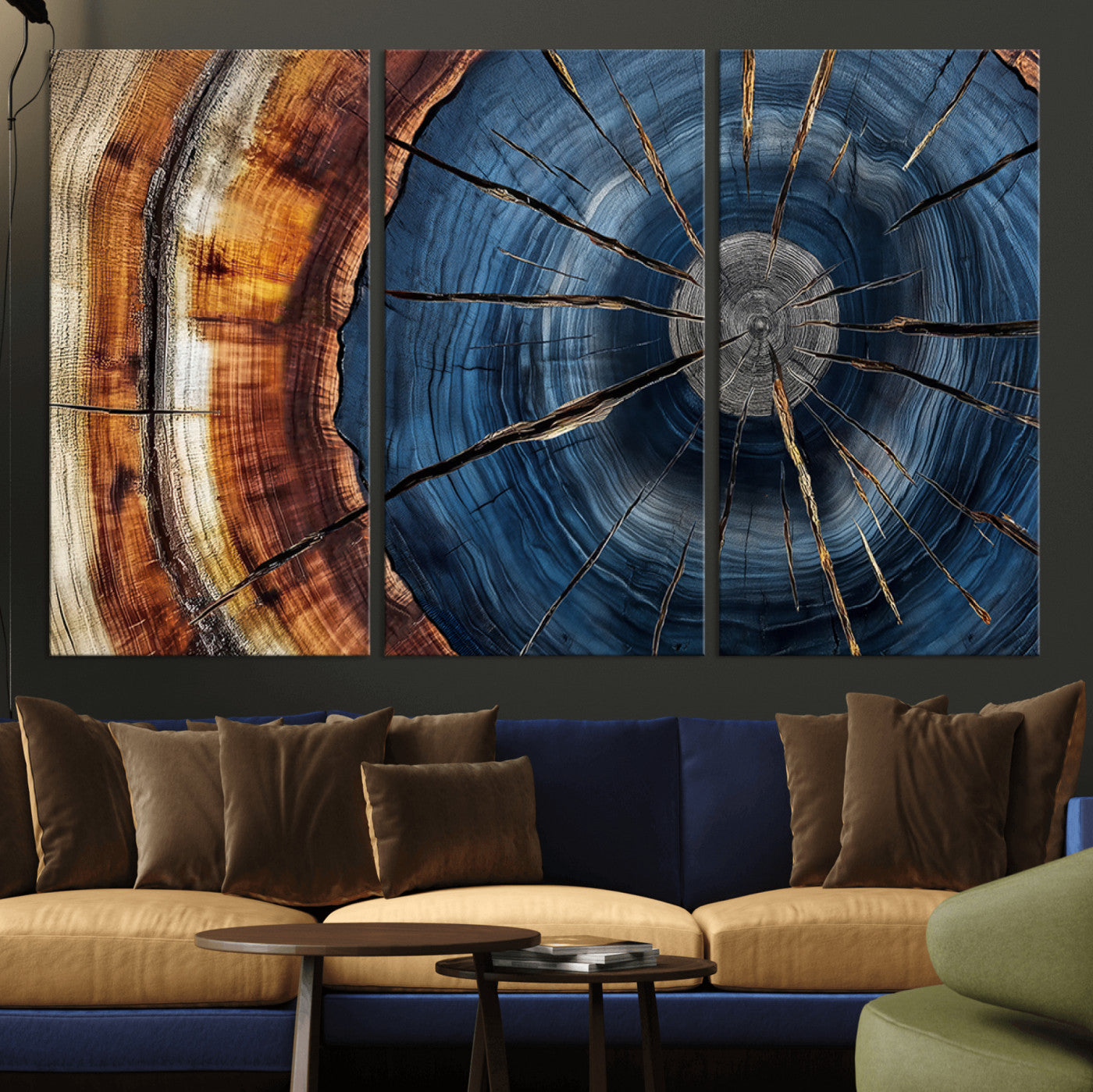 MGV-CV-48X32-3P - Framed Abstract Tree Ring Wall Art Print, Natural Rustic Wood Texture Canvas Print, Wood Tree Stump