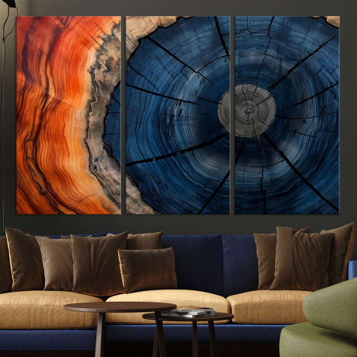 Abstract Tree Rings Canvas Print with vibrant colors—ideal farmhouse wall art for a woodland-themed home.