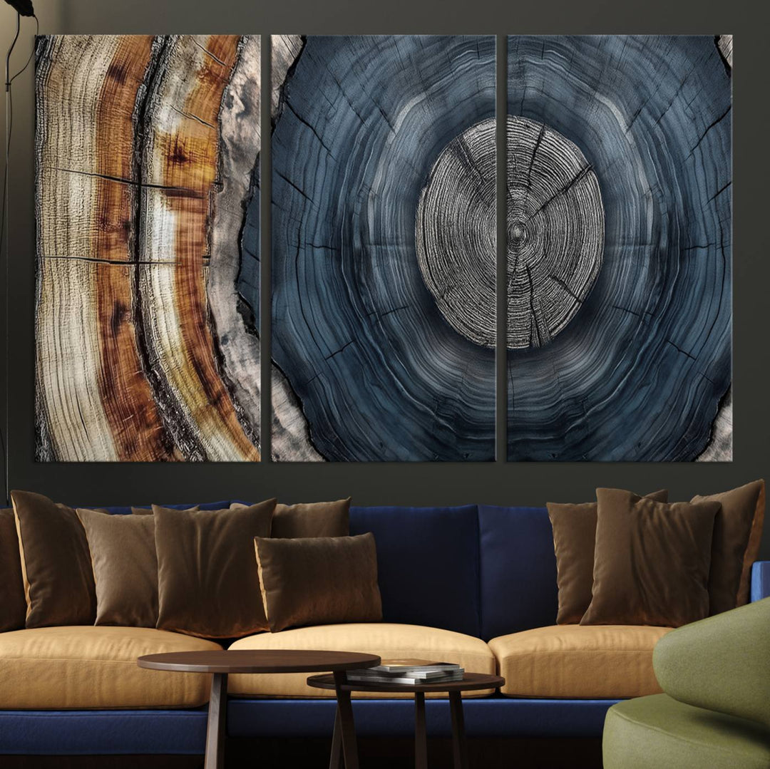 Close-up of the Abstract Tree Rings Wall Art Print featuring shades of blue, brown, and gray.