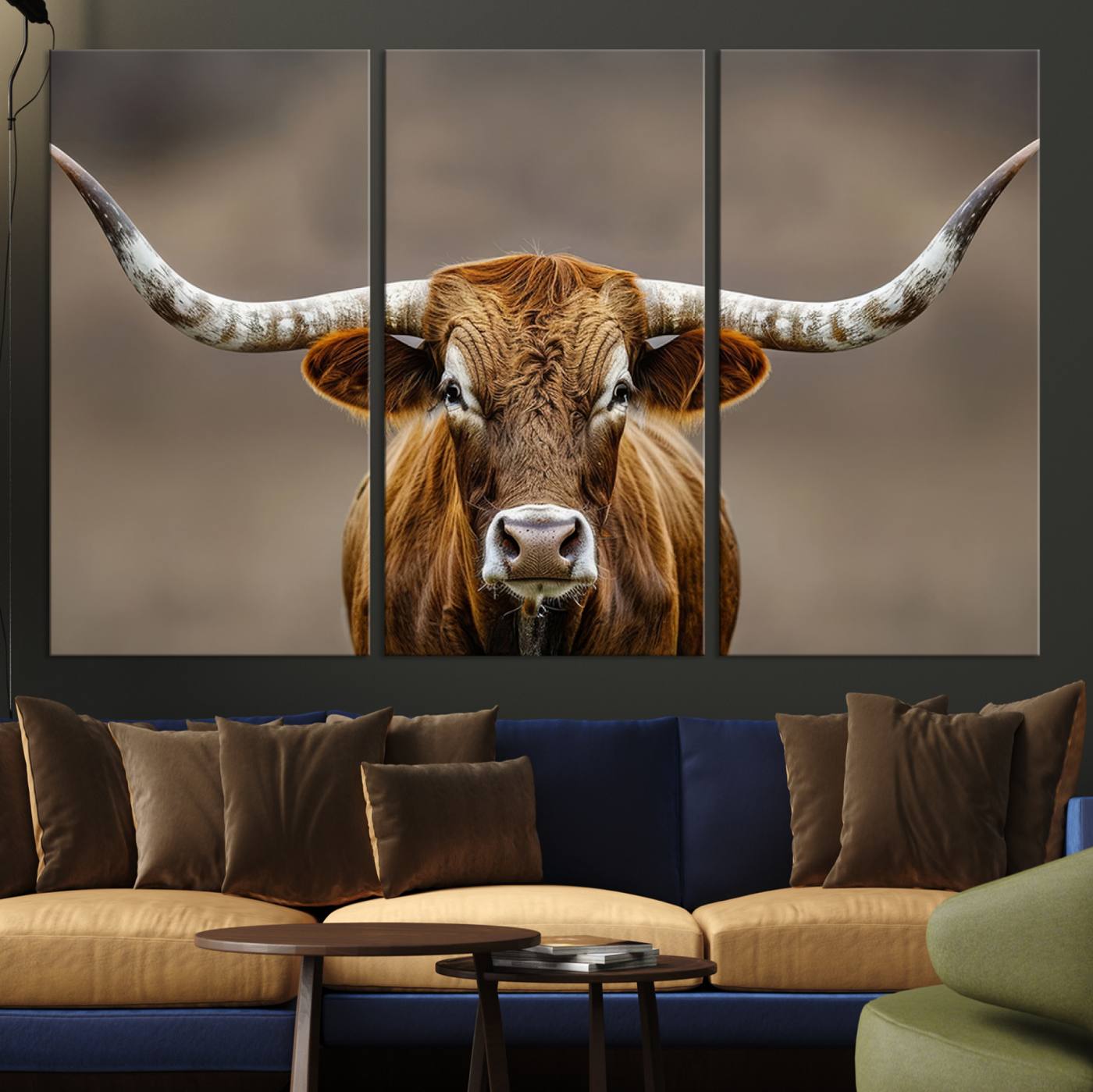 12179171-MGV-CV-36X24-Texas Longhorn Wall Art Canvas Print – Brown Bull Rustic Ranch Western Cattle Nature Artwork for Home Office