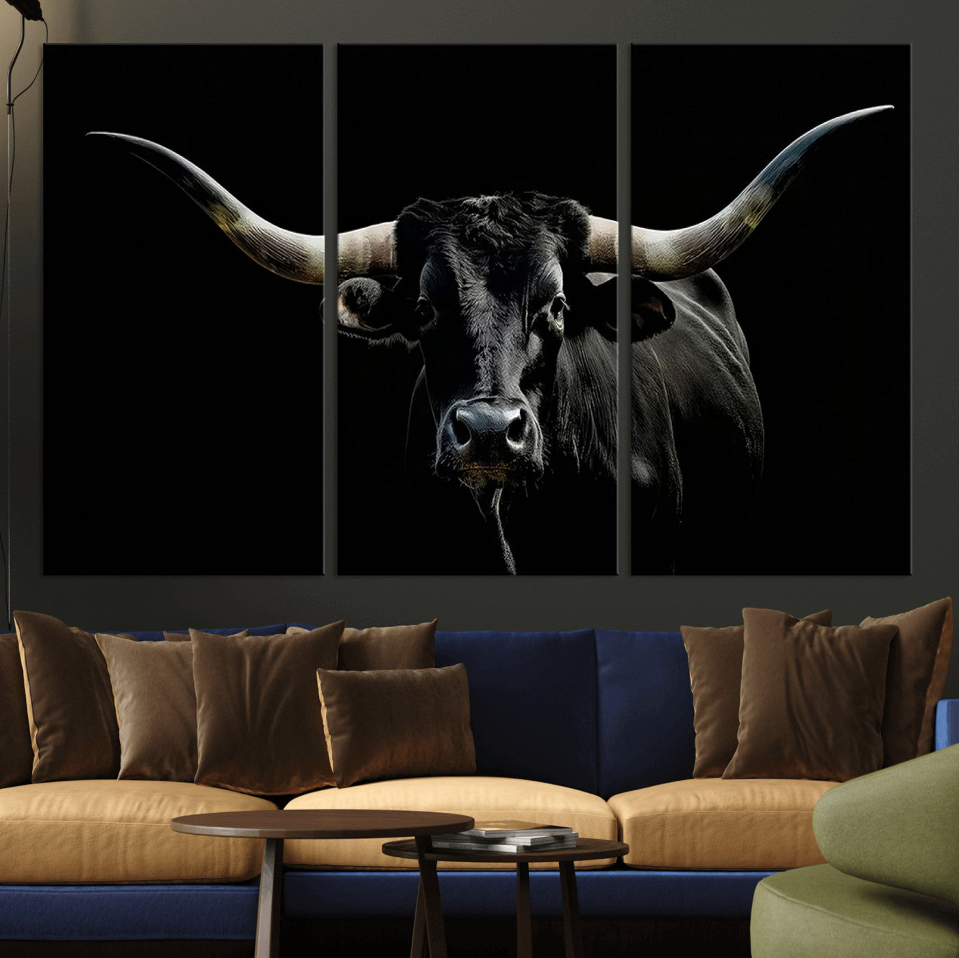 MGV-CV-48X32-3P - Texas Black Bull Wall Art Print, Longhorn Bull Canvas Wall Art
