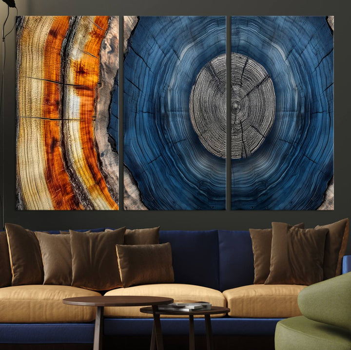 Vibrant Abstract Tree Rings in Orange, Brown, and Blue - Canvas Print for Nature Woodland Wall Decor.