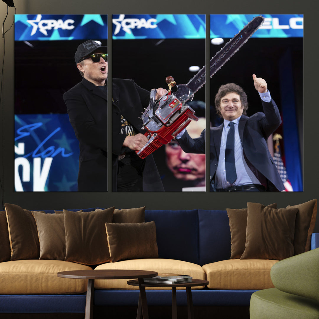 The wall art in the living room is an Elon Musk Chainsaw Art Print, depicting two men with chainsaws on stage in front of a vibrant crowd.