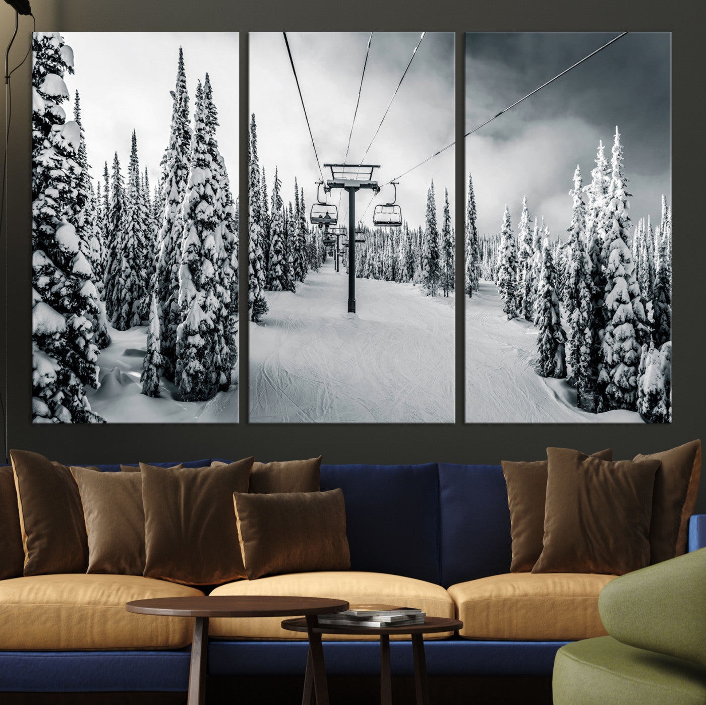 31156828-MGV-CV-36X24-Snowy Pines Wall Art Canvas Print, Framed Ski Lift Art Picture Print, Winter Forest Perfect Moody Lodge Decor, Ski Lift Wall Art Canvas