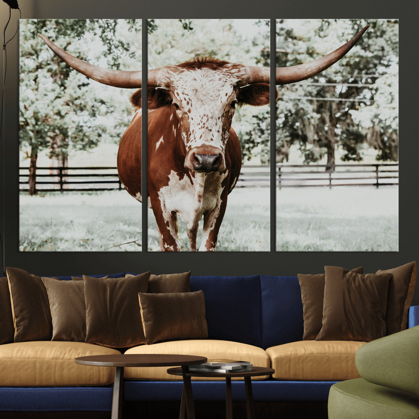 54757537-MGV-CV-36X24-Texas Longhorn Wall Art Canvas Print – Framed Spotted Bull Rustic Western Horned Cattle Artwork for Home Office