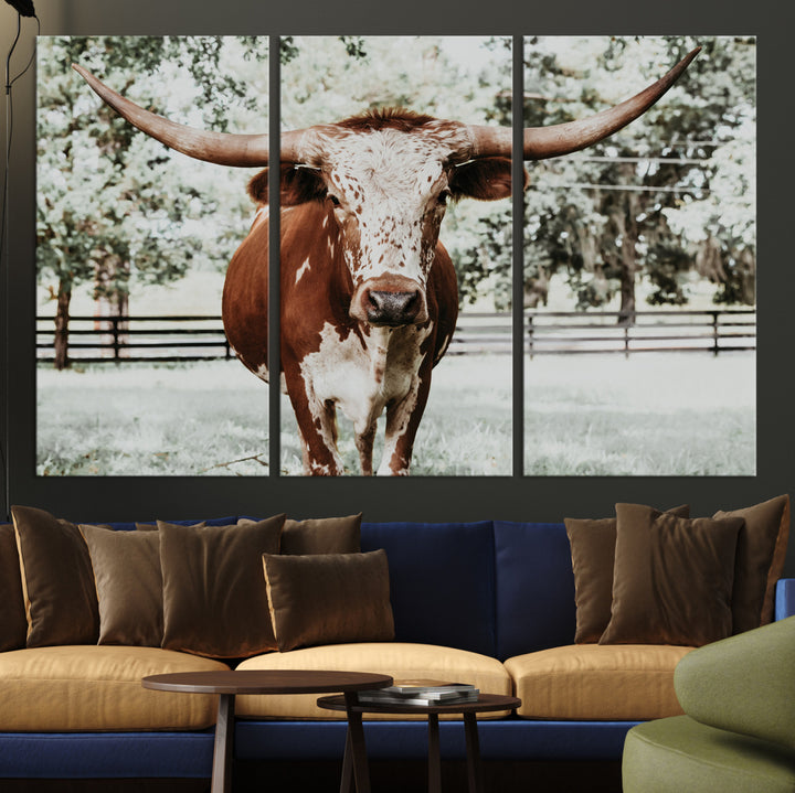 Texas Longhorn Wall Art Canvas Print, Framed Spotted Cow Art Picture Print, Horned Cattle Perfect Rustic Western Decor, Framed Horned Cattle Print