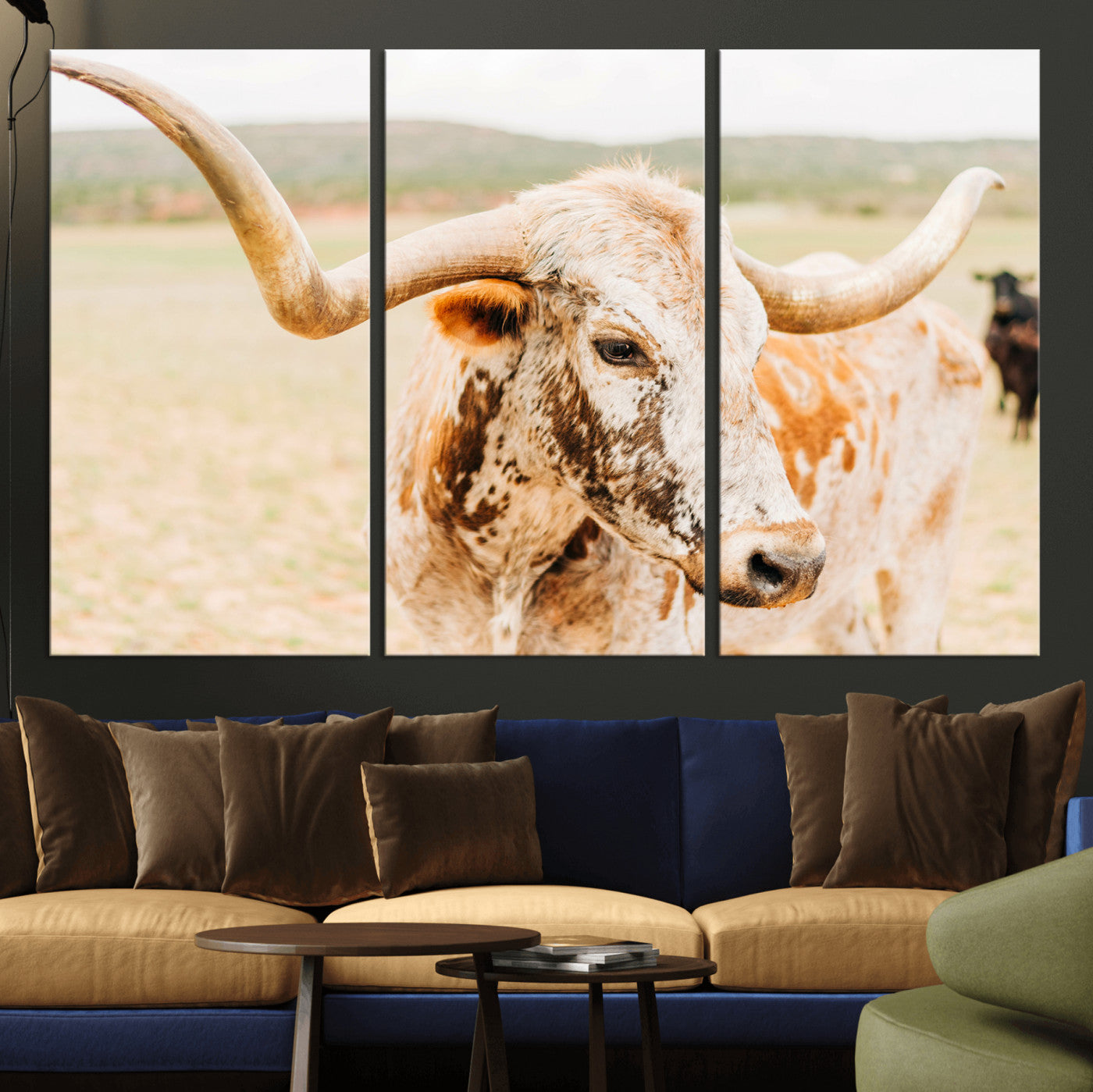 69501833-MGV-CV-36X24-Texas Longhorn Wall Art Canvas Print – Framed Spotted Cow Rustic Bull Horned Cattle Western Artwork for Home, Office