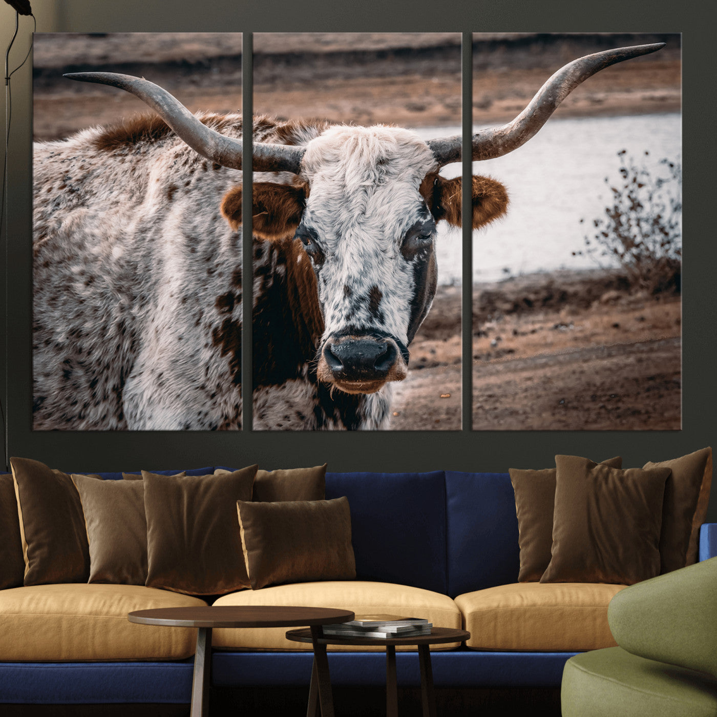 58386760-MGV-CV-36X24-Texas Longhorn Wall Art Canvas Print – Framed Spotted Bull Horned Cattle Rustic Western Decor Artwork for Home, Office