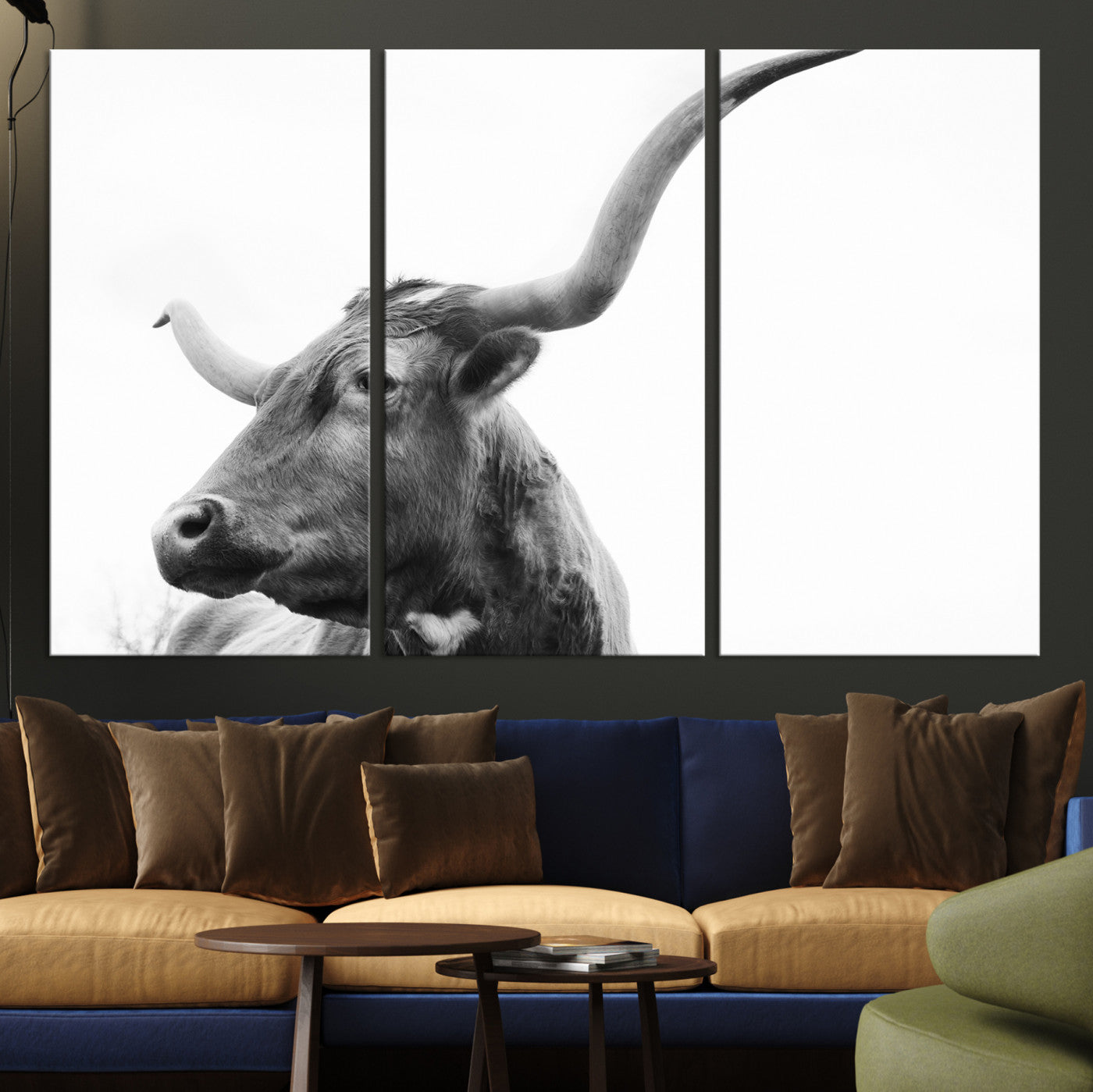 64392617-MGV-CV-36X24-Longhorn Wall Art Wall Art Canvas Print, Framed Modern Ranch Style Art Art Picture Print, Monochrome Cow Print Perfect Rustic Western Decor