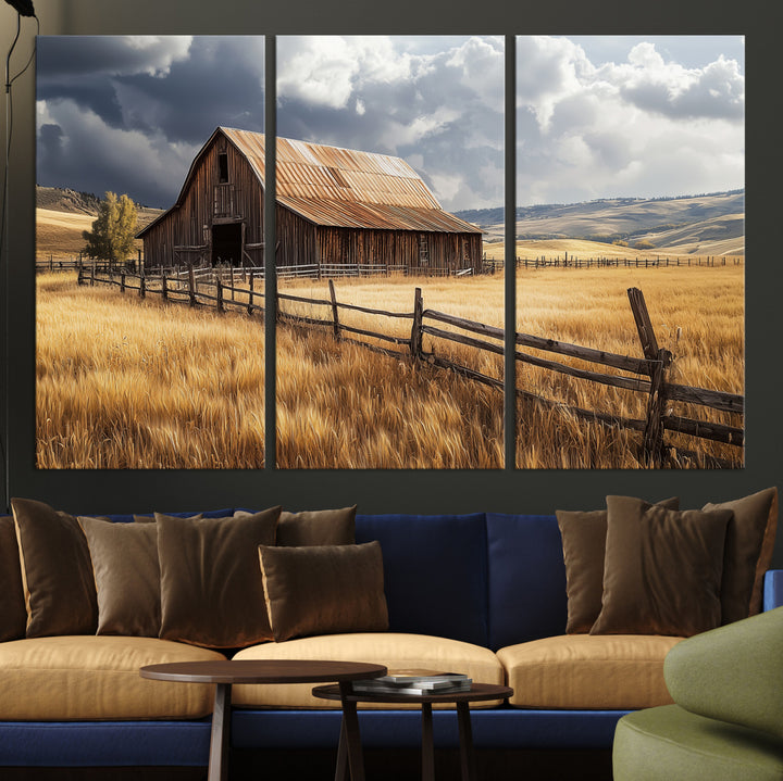 Canvas of a weathered wooden barn in a golden field under a dramatic sky, perfect for rustic or farmhouse-style wall decor.