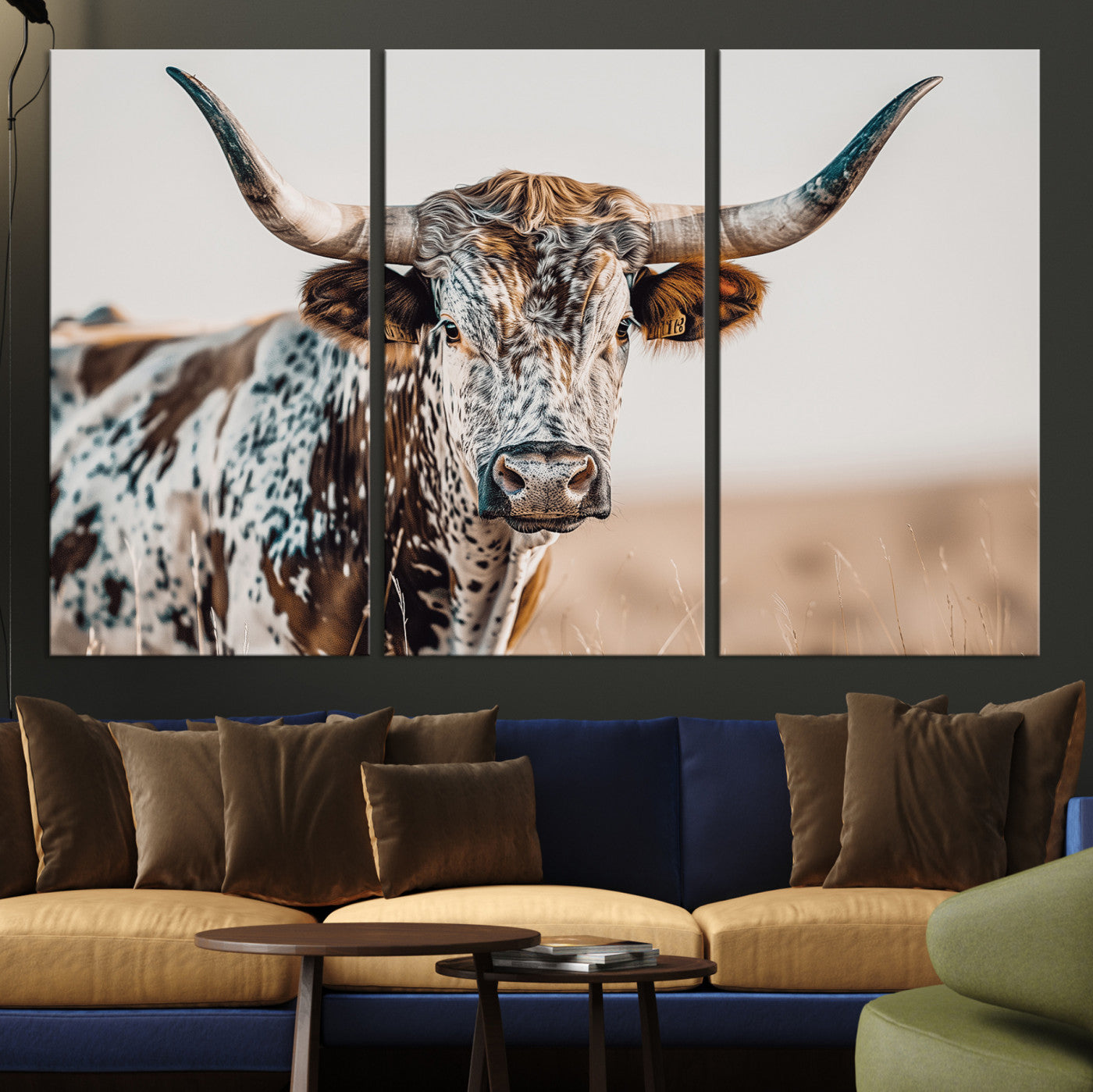 Canvas of a speckled Texas longhorn with wide curved horns and warm tones, perfect for rustic or country-style wall decor.
