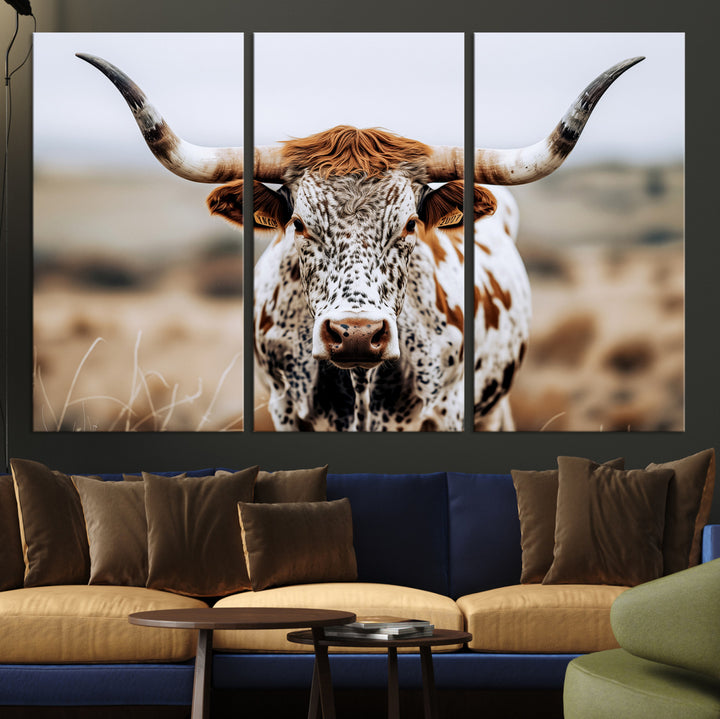 Texas Longhorn Wall Art Canvas Print, Framed Spotted Cow Art Picture Print, Horned Cattle Perfect Rustic Western Decor Artwork