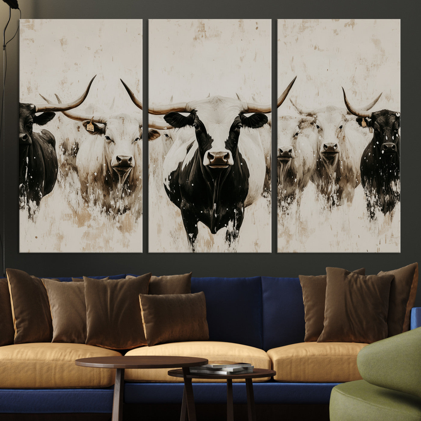 12027562-MGV-CV-36X24-Longhorn Cattle Wall Art Canvas Print – Framed Bison Herd Western Ranch Countryside Animal Landscape Artwork for Home Office