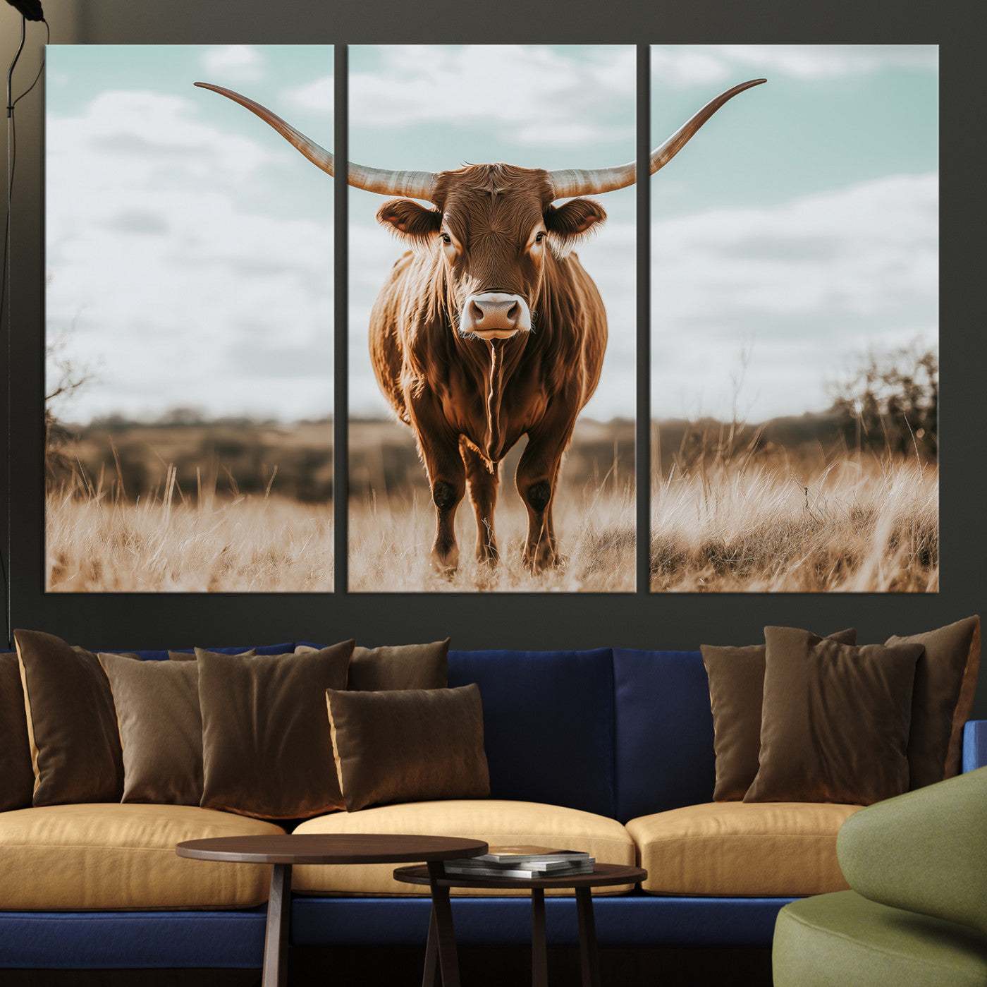 Texas Longhorn standing in a golden prairie under soft skies, ideal for rustic or western-style decor with warm natural tones.