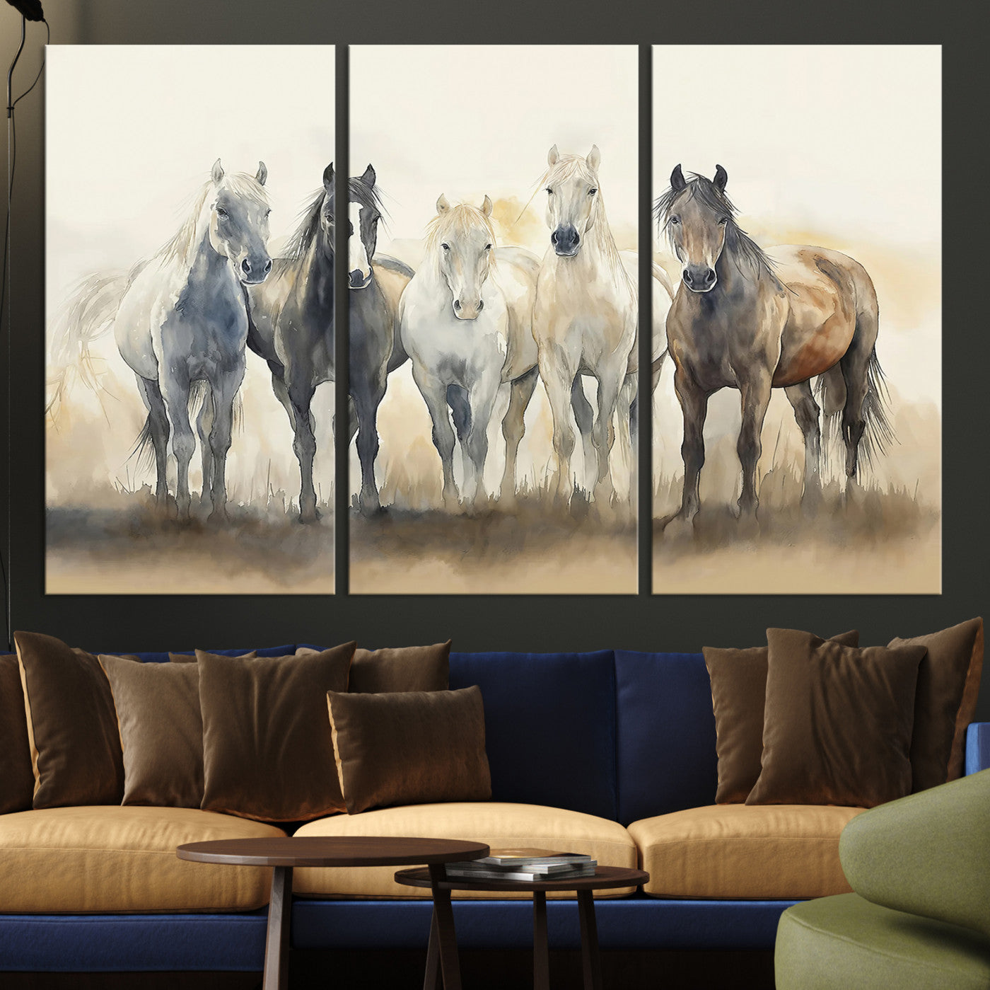 Watercolor illustration of five wild horses in soft neutral tones, perfect for rustic or western-style home decor with a calming natural vibe.