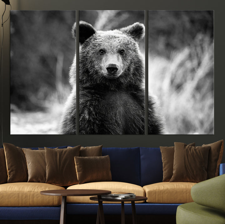 Grizzly Bear Wall Art Canvas Print, Framed Black White Bear Art Picture Print, Wild Bear Perfect Rustic Wildlife Decor