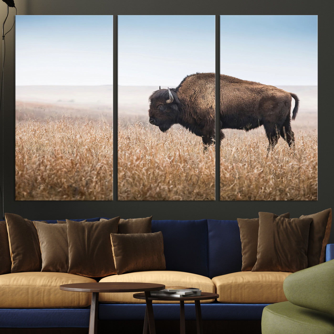 A solitary American bison stands in a dry grassland under soft skies, ideal for rustic or western-style home decor in warm neutral tones.