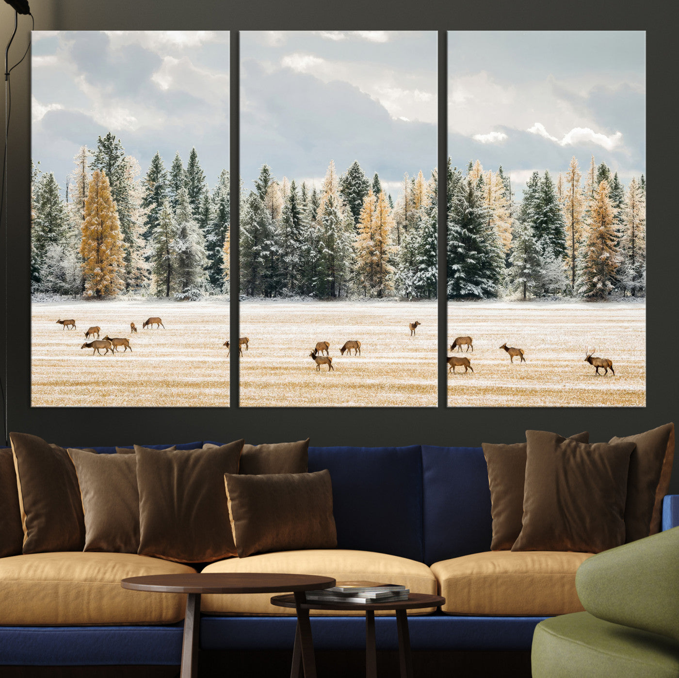 Elk herd in a snowy field with golden pine trees and frosted evergreens, ideal for neutral rustic or cabin-style home decor.