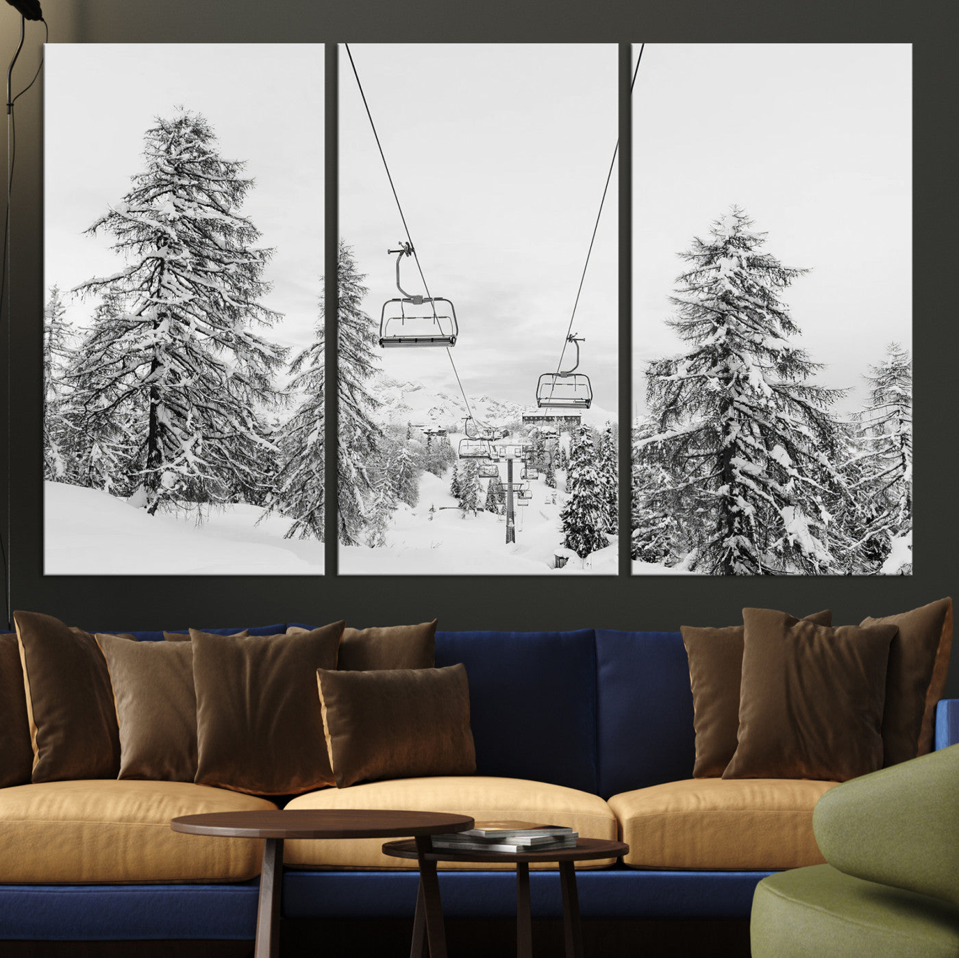 Black and white image of a ski lift amidst snow-covered pine trees, ideal for winter mountain or cabin-themed decor.
