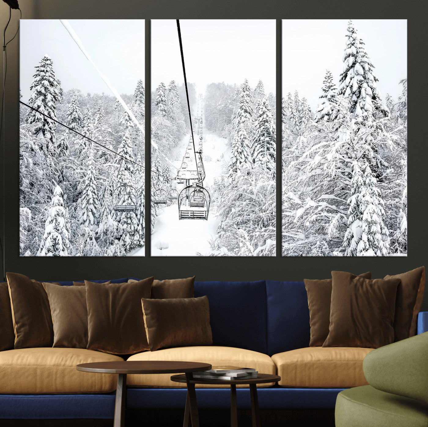 MGV-CV-48X32-3P - Snowy Mountains Wall Art Canvas Print, Framed Ski Lift Art Picture Print, Winter Forest Perfect