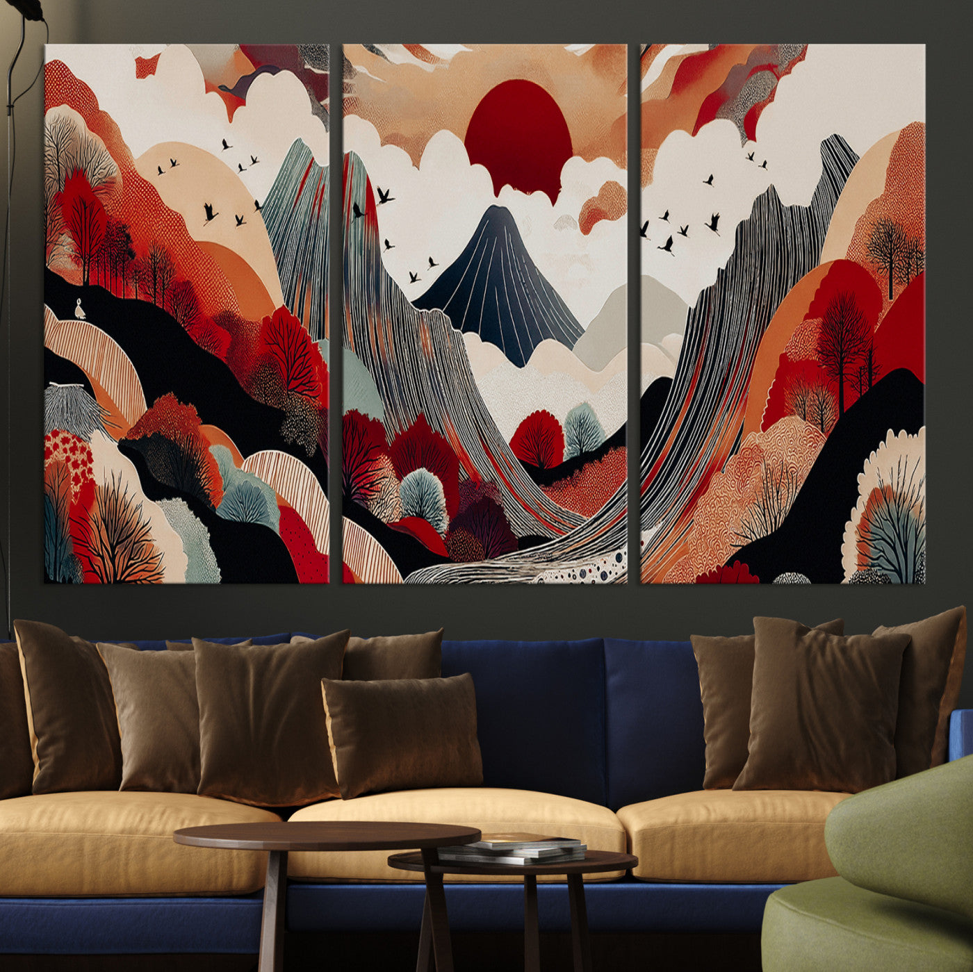 49034575-MGV-CV-60X30-3P-Abstract Mountain Wall Art Canvas Print, Framed Vibrant Landscape Art Picture Print, Stylized Nature Drawing Perfect Contemporary Minimalist