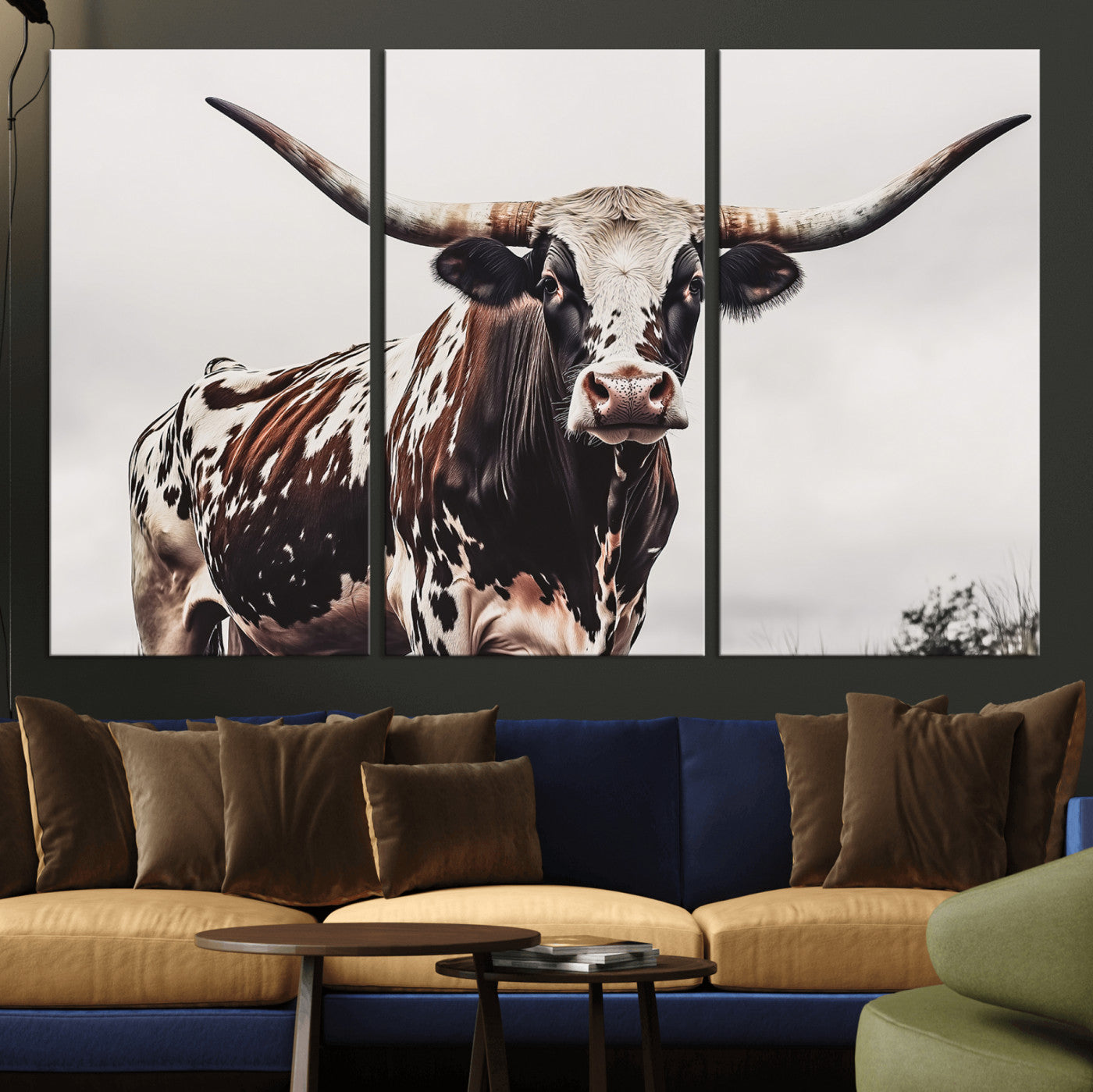 95249234-MGV-CV-48X32-3P-Texas Longhorn Wall Art – Framed Spotted Bull Canvas Artwork, Horned Cattle Design, Western Ranch Decor for Home, Office