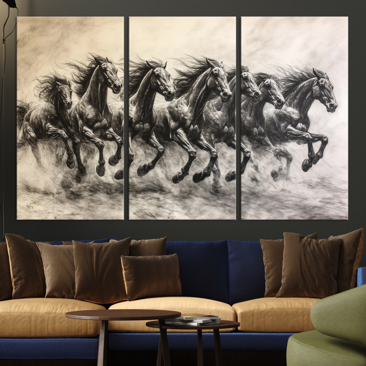 56089591-MGV-CV-36X24-Galloping Horses Wall Art Canvas Print – Framed Wild Stallions Herd Sketch Dynamic Equestrian Artwork for Home Office