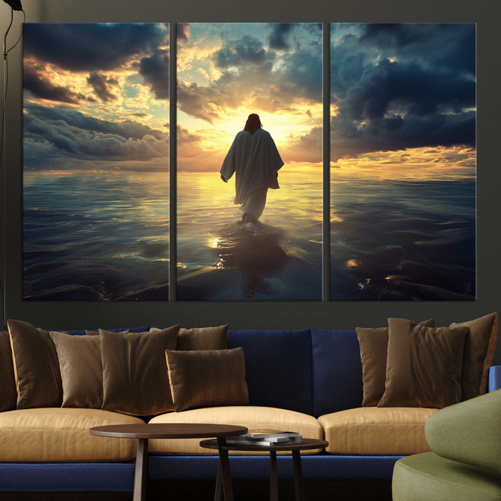 Jesus Walks Wall Art Canvas Print, Framed Divine Sunset Art Picture Print, Spiritual Light Perfect Spiritual Tranquil Decor Artwork
