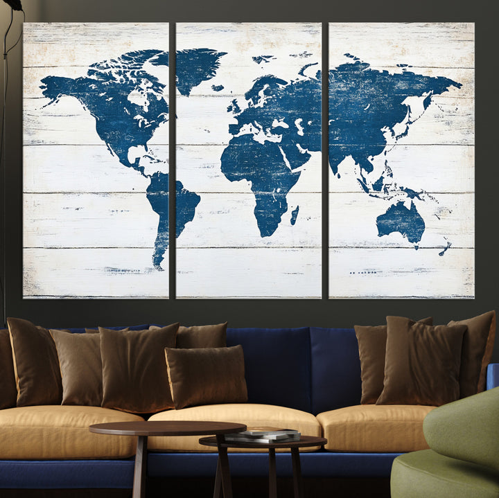 Rustic world map with blue continents on distressed wooden planks, perfect for coastal, explorer, or vintage-style wall decor.