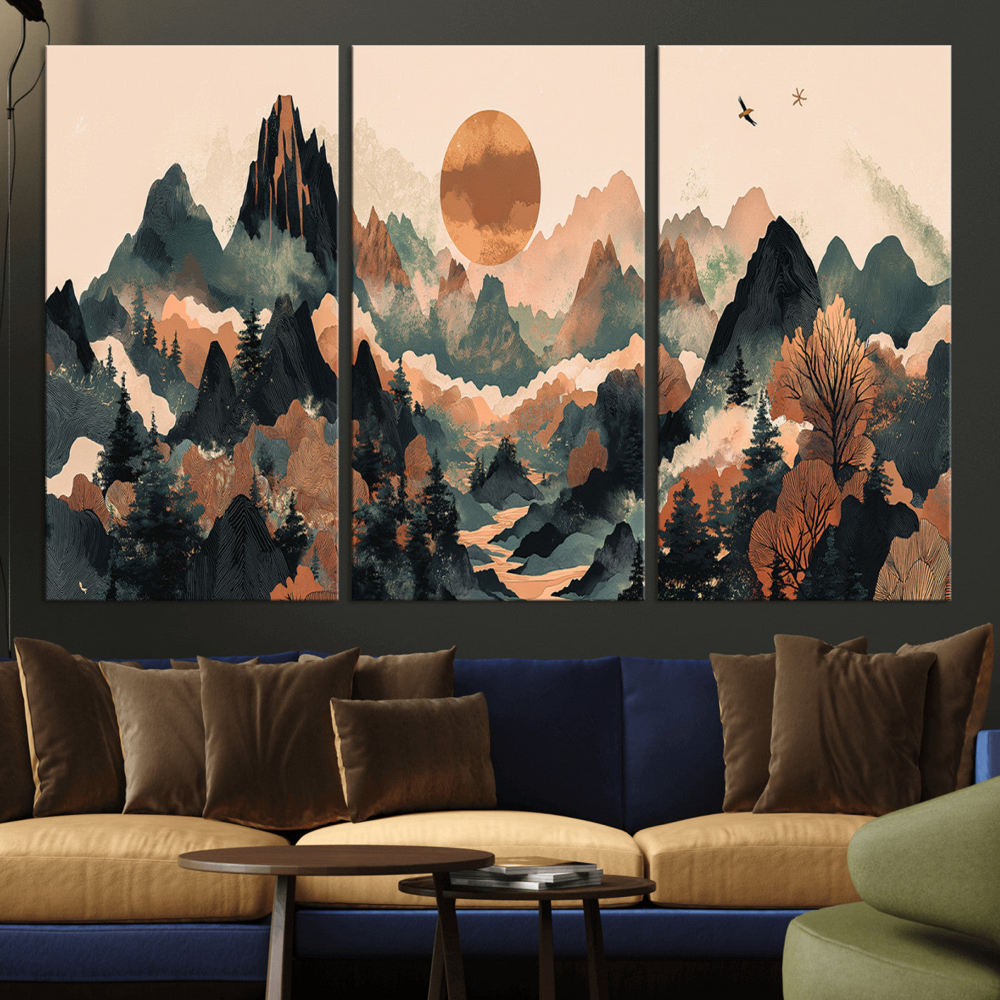 MGV-CV-48X32-3P - Wood Mountain Landscape Wall Art Canvas Print, Framed Sunset Hills Art Picture Print, Abstract Nature Perfect Boho Decor Artwork