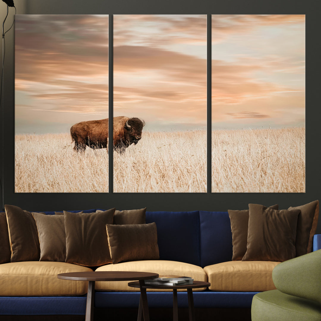 Bison Wall Art Canvas Print, Buffalo Print, Framed Western Prairie Art Print, Large Rustic Wildlife Printing Perfect for Rustic Decor