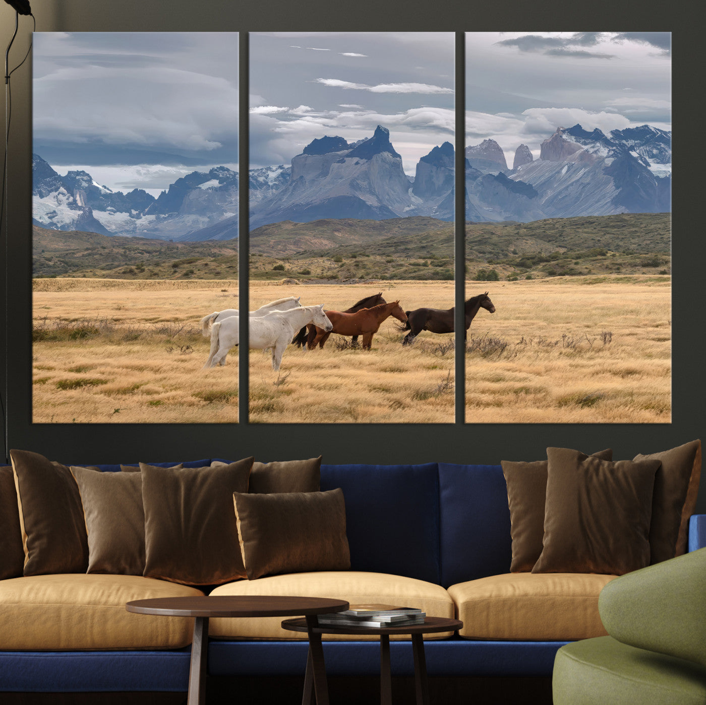 69960232-MGV-CV-36X24-Horses Grazing Wall Art Canvas Print – Framed Mountain Field Scenic Landscape Cloudy Sky Nature Artwork for Home Office