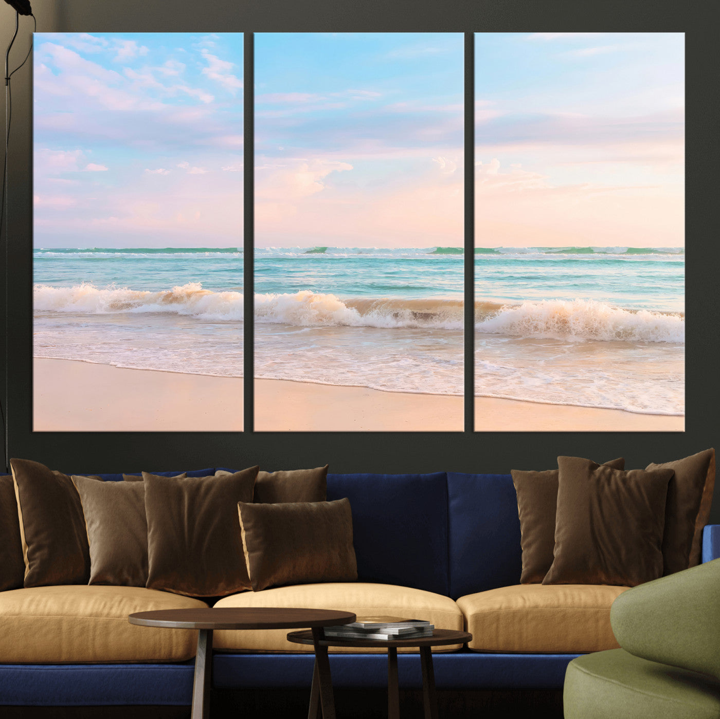 74679437-MGV-CV-36X24 - Serene Waves Wall Art – Golden Shore & Soft Pastel Sky Canvas Print, Gentle Ocean and Peaceful Sunset for Living Room or Office