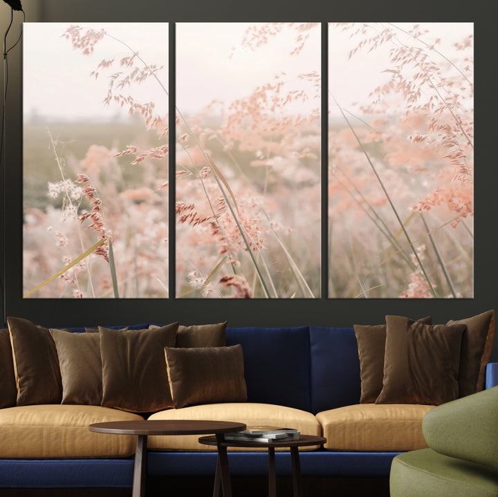 Pastel Grasses Wall Art Canvas Print, Soft Meadow Print, Framed Field in Breeze Art Print, Large Pink Meadow Printing Soft Pastel