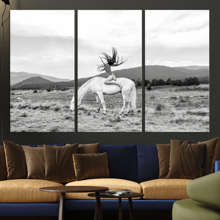 White Horse Wall Art Canvas Print, Woman Rider Print, Framed Equestrian Pose Art Print, Large Grazing Horse Printing Western Boho